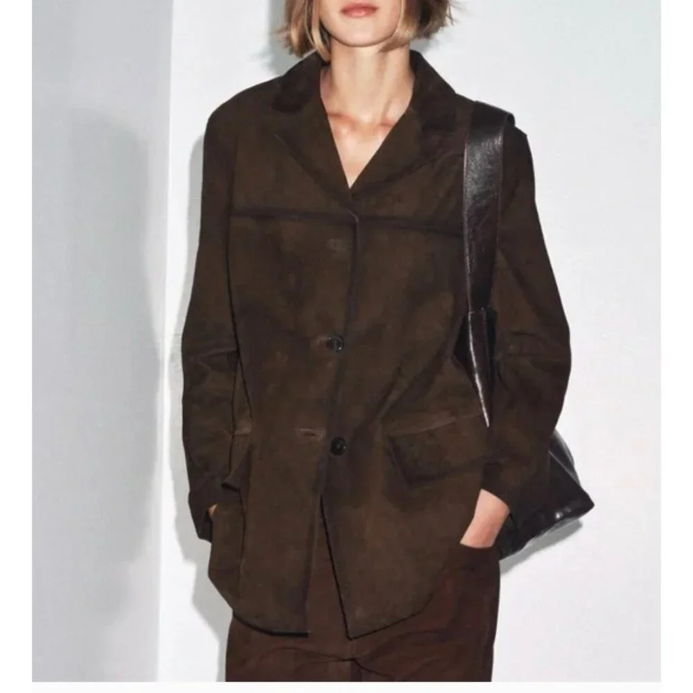 Zara ZW Collection Womans Suede Leather Blazer Jacket M Brown 4341/814 NWT - Picture 2 of 8